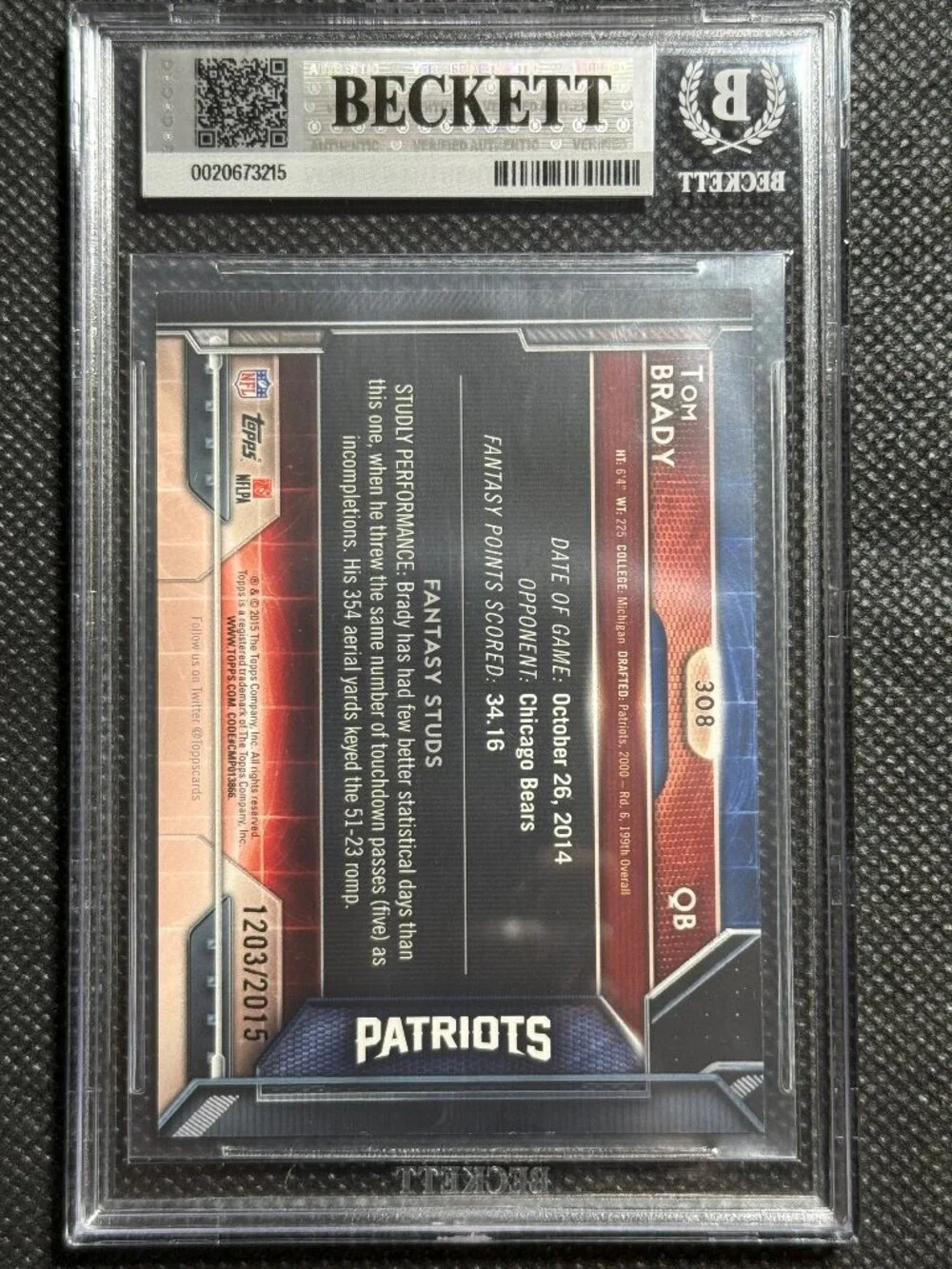 2015 TOPPS GOLD /2015 SP TOM BRADY BGS 9 MINT NEW ENGLAND PATRIOTS